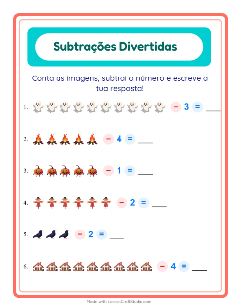 Pré-visualização da ficha de Subtração com Diversos para Educação infantil (pré-escola, 5-7 anos)