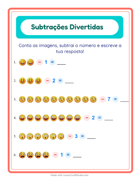 Pré-visualização da ficha de Subtração com Emoções para Educação infantil (pré-escola, 5-7 anos)