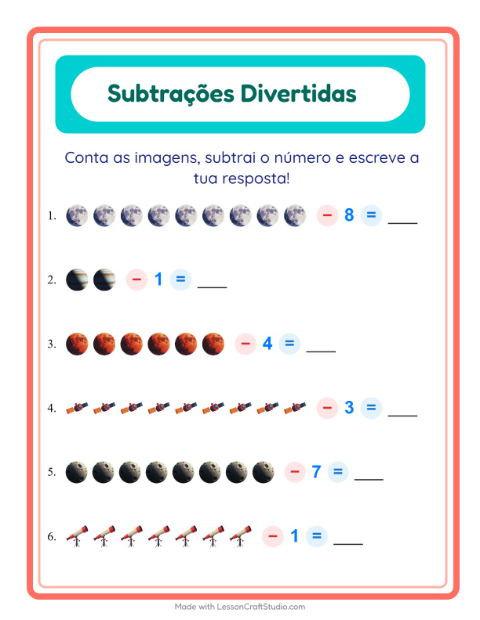 Pré-visualização da ficha de Subtração com Espaço para Educação infantil (pré-escola, 5-7 anos)