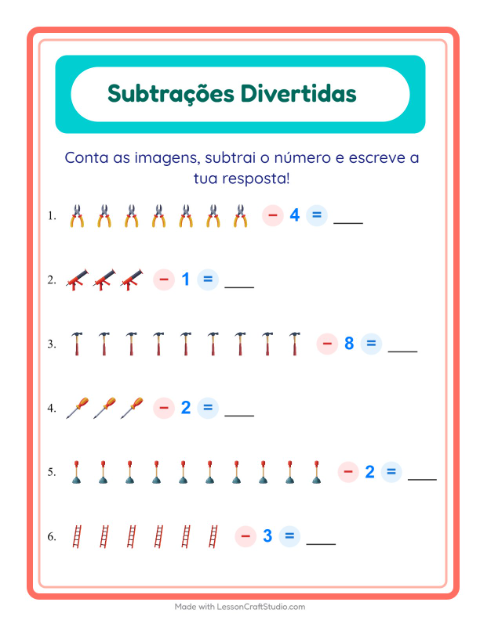 Pré-visualização da ficha de Subtração com Ferramentas para Educação infantil (pré-escola, 5-7 anos)
