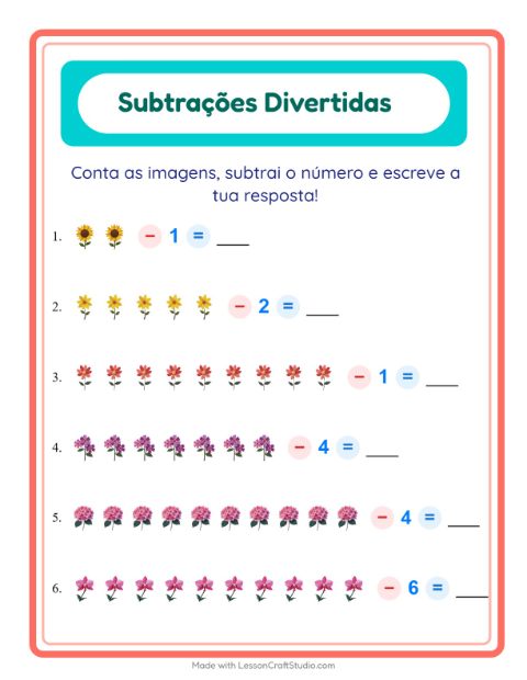 Pré-visualização da ficha de Subtração com Flores para Educação infantil (pré-escola, 5-7 anos)