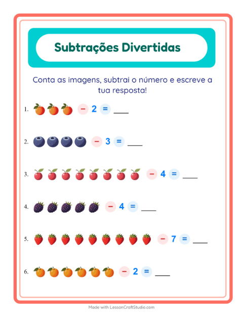 Pré-visualização da ficha de Subtração com Frutas para Educação infantil (pré-escola, 5-7 anos)