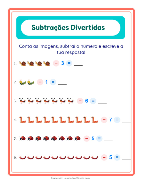 Pré-visualização da ficha de Subtração com Insetos e bichos para Educação infantil (pré-escola, 5-7 anos)