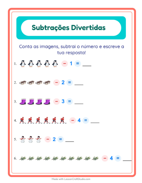 Pré-visualização da ficha de Subtração com Inverno para Educação infantil (pré-escola, 5-7 anos)