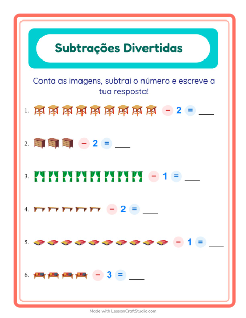 Pré-visualização da ficha de Subtração com Móveis para Educação infantil (pré-escola, 5-7 anos)