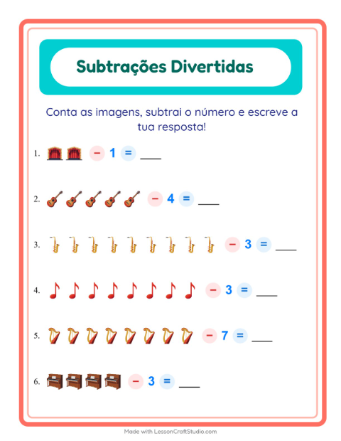 Pré-visualização da ficha de Subtração com Música para Educação infantil (pré-escola, 5-7 anos)