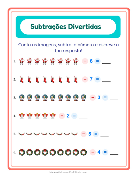 Pré-visualização da ficha de Subtração com Natal para Educação infantil (pré-escola, 5-7 anos)