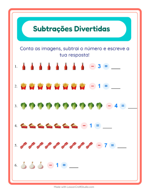 Pré-visualização da ficha de Subtração com No supermercado para Educação infantil (pré-escola, 5-7 anos)