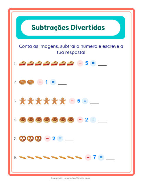 Pré-visualização da ficha de Subtração com Padaria para Educação infantil (pré-escola, 5-7 anos)