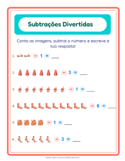 Pré-visualização da ficha de Subtração com Partes do corpo para Educação infantil (pré-escola, 5-7 anos)
