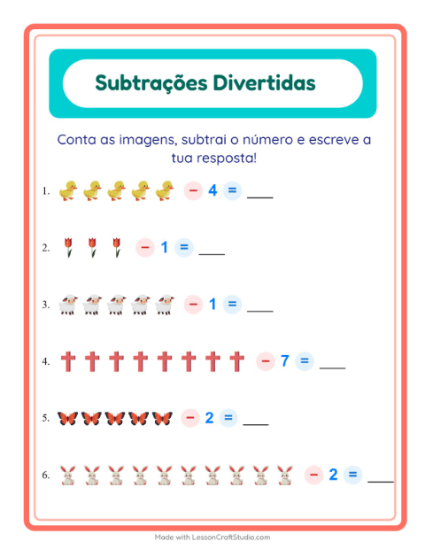 Pré-visualização da ficha de Subtração com Páscoa para Educação infantil (pré-escola, 5-7 anos)