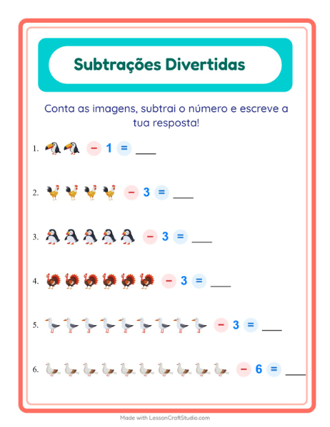 Pré-visualização da ficha de Subtração com Pássaros 2 para Educação infantil (pré-escola, 5-7 anos)
