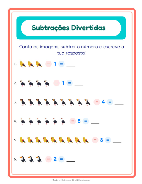 Pré-visualização da ficha de Subtração com Pássaros para Educação infantil (pré-escola, 5-7 anos)
