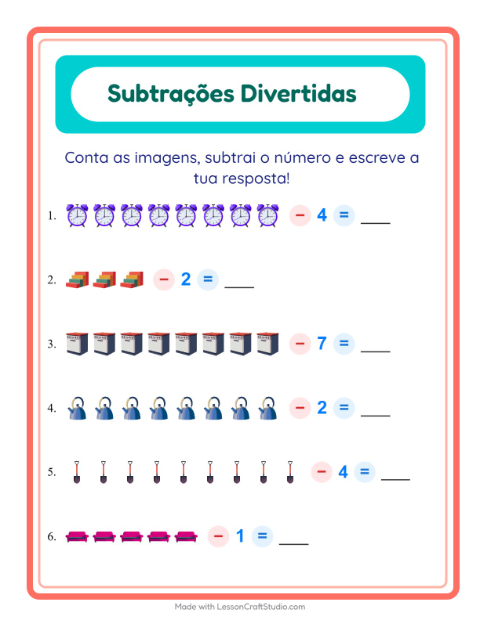 Pré-visualização da ficha de Subtração com Pela casa para Educação infantil (pré-escola, 5-7 anos)