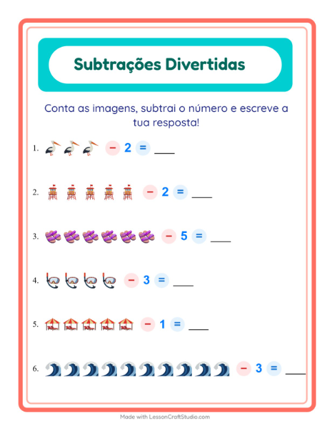 Pré-visualização da ficha de Subtração com Praia para Educação infantil (pré-escola, 5-7 anos)