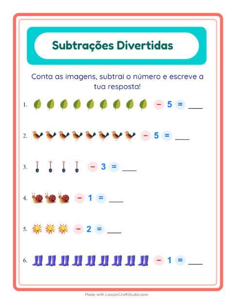 Pré-visualização da ficha de Subtração com Primavera para Educação infantil (pré-escola, 5-7 anos)