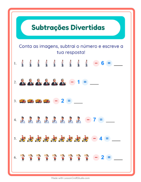 Pré-visualização da ficha de Subtração com Profissões para Educação infantil (pré-escola, 5-7 anos)