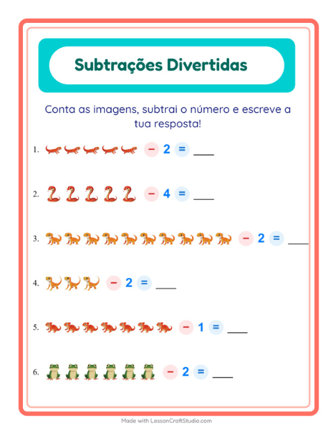 Pré-visualização da ficha de Subtração com Répteis e anfíbios para Educação infantil (pré-escola, 5-7 anos)