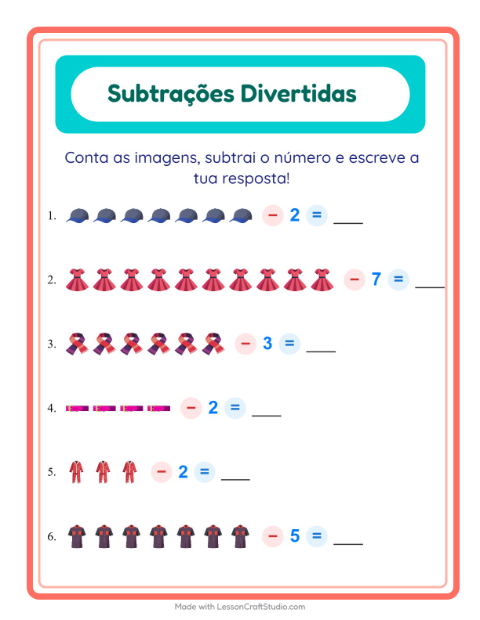 Pré-visualização da ficha de Subtração com Roupas para Educação infantil (pré-escola, 5-7 anos)