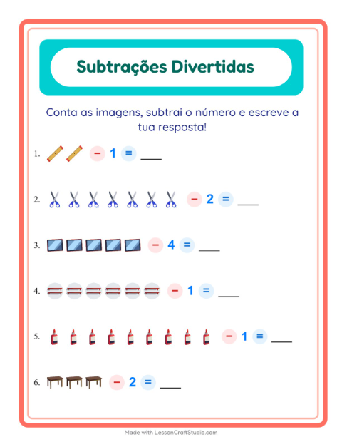 Pré-visualização da ficha de Subtração com Sala de aula para Educação infantil (pré-escola, 5-7 anos)