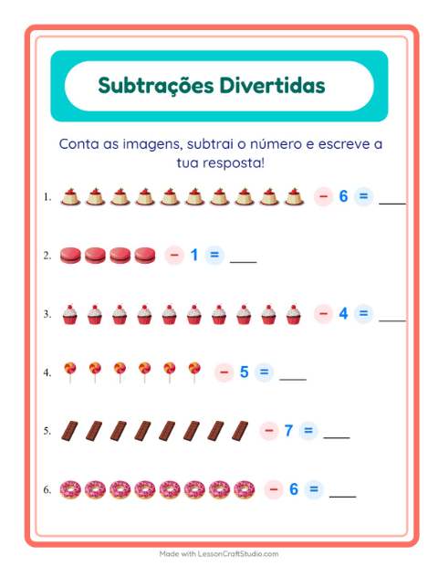 Pré-visualização da ficha de Subtração com Sobremesas e doces para Educação infantil (pré-escola, 5-7 anos)