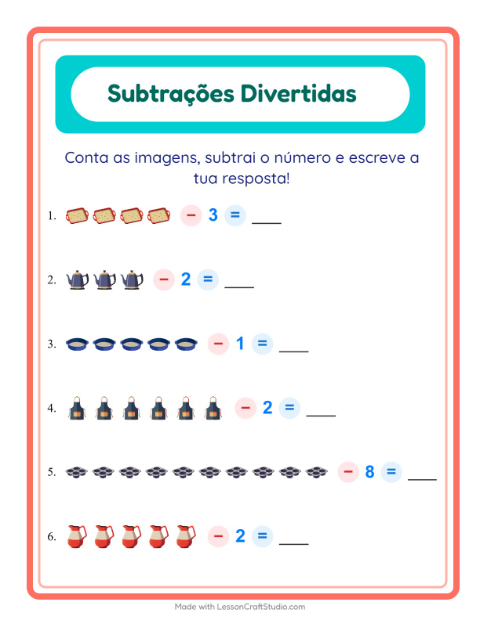 Pré-visualização da ficha de Subtração com Utensílios de cozinha para Educação infantil (pré-escola, 5-7 anos)