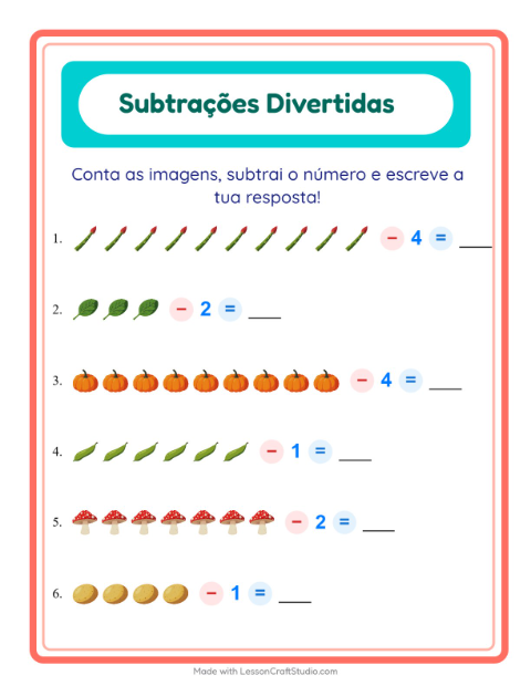 Pré-visualização da ficha de Subtração com Vegetais para Educação infantil (pré-escola, 5-7 anos)
