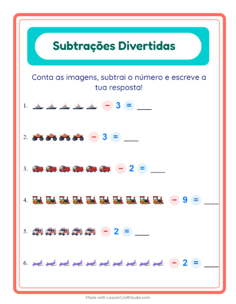 Pré-visualização da ficha de Subtração com Veículos para Educação infantil (pré-escola, 5-7 anos)