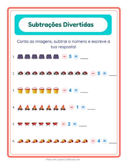 Pré-visualização da ficha de Subtração com Verão para Educação infantil (pré-escola, 5-7 anos)