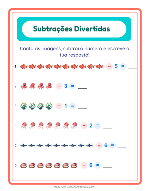 Pré-visualização da ficha de Subtração com Vida marinha para Educação infantil (pré-escola, 5-7 anos)