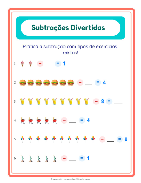 Pré-visualização da ficha de Subtração com 4 de Julho para Educação infantil (pré-escola, 5-7 anos)