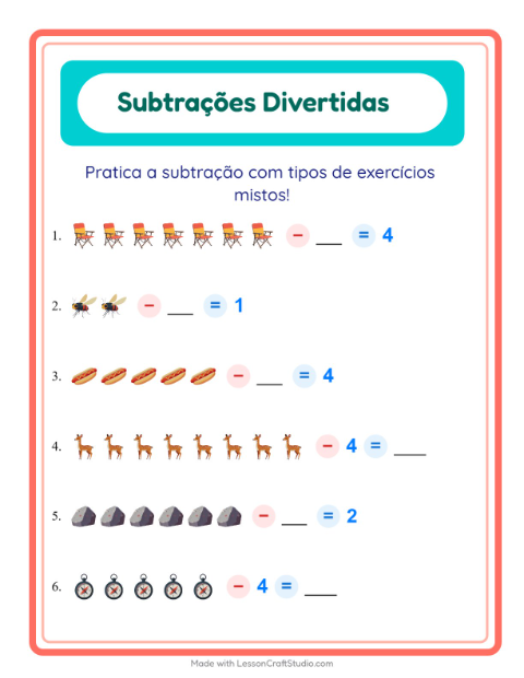 Pré-visualização da ficha de Subtração com Acampamento para Educação infantil (pré-escola, 5-7 anos)