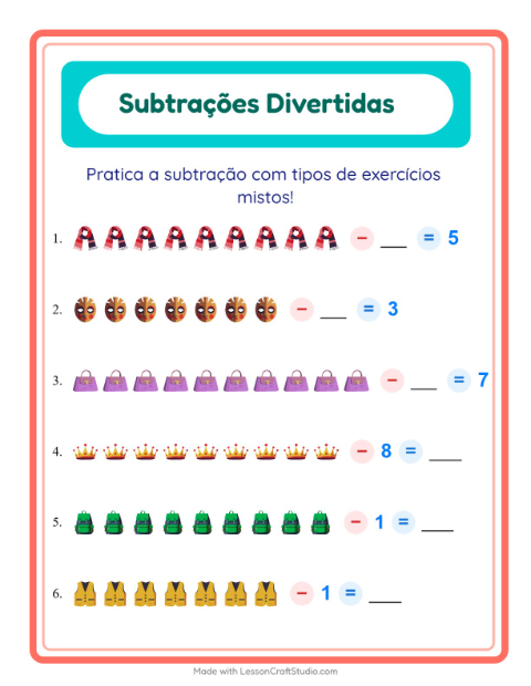 Pré-visualização da ficha de Subtração com Acessórios para Educação infantil (pré-escola, 5-7 anos)