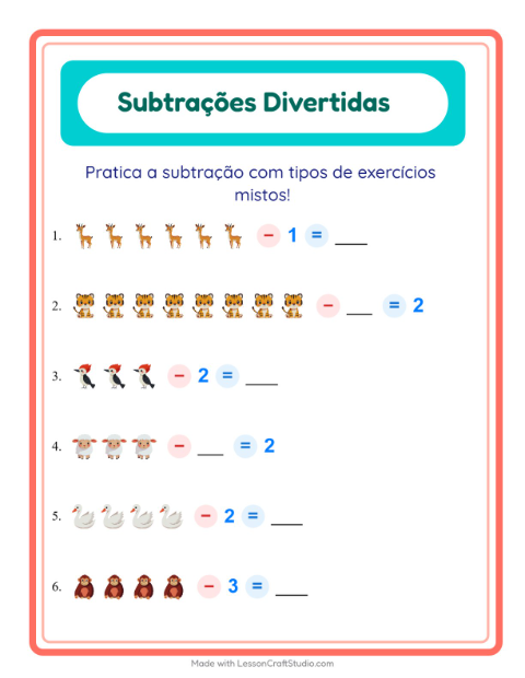 Pré-visualização da ficha de Subtração com Animais para Educação infantil (pré-escola, 5-7 anos)