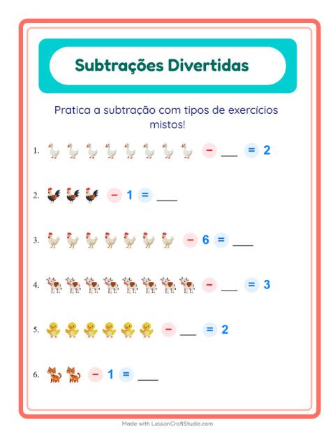 Pré-visualização da ficha de Subtração com Animais da fazenda para Educação infantil (pré-escola, 5-7 anos)