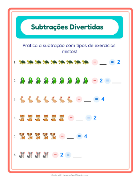 Pré-visualização da ficha de Subtração com Animais de estimação para Educação infantil (pré-escola, 5-7 anos)