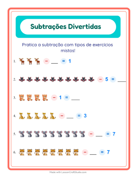 Pré-visualização da ficha de Subtração com Animais do zoológico para Educação infantil (pré-escola, 5-7 anos)