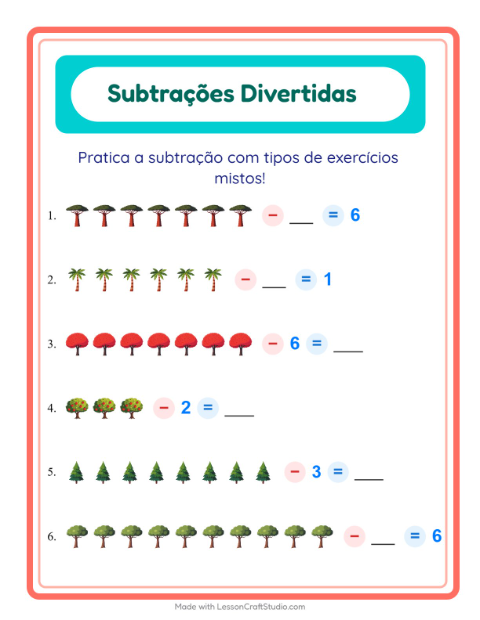 Pré-visualização da ficha de Subtração com Árvores para Educação infantil (pré-escola, 5-7 anos)