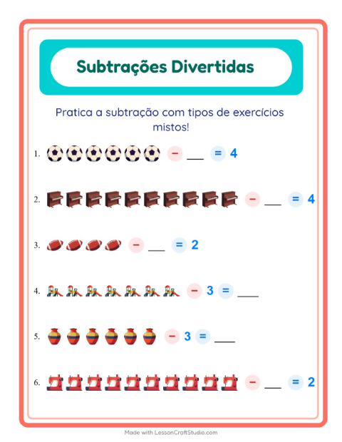 Pré-visualização da ficha de Subtração com Atividades para Educação infantil (pré-escola, 5-7 anos)