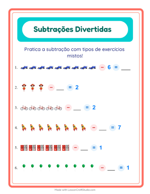 Pré-visualização da ficha de Subtração com Brinquedos para Educação infantil (pré-escola, 5-7 anos)