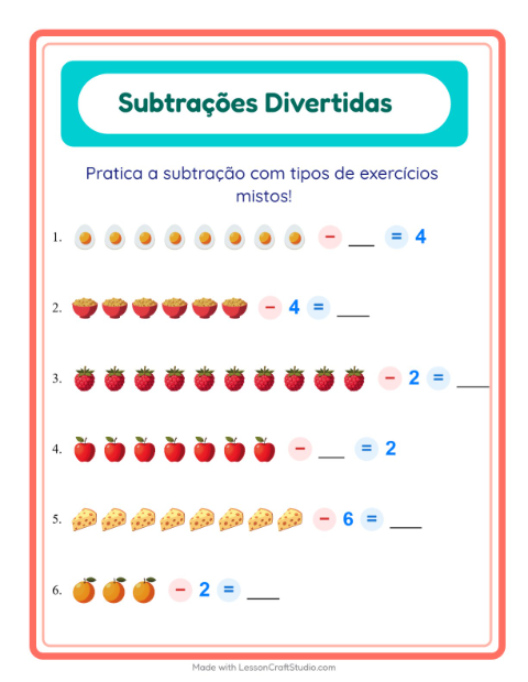 Pré-visualização da ficha de Subtração com Café da manhã para Educação infantil (pré-escola, 5-7 anos)