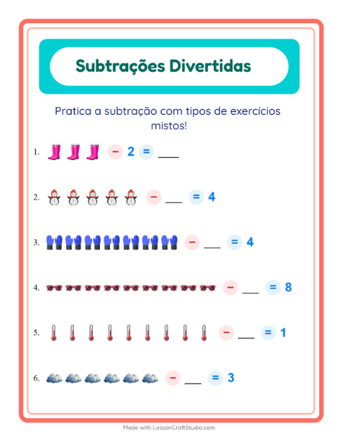 Pré-visualização da ficha de Subtração com Clima para Educação infantil (pré-escola, 5-7 anos)