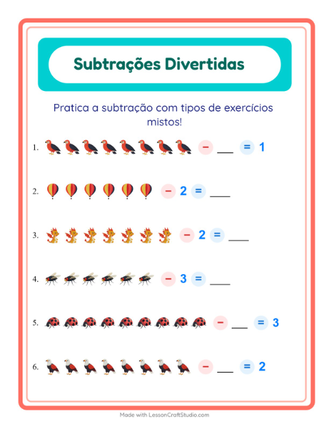 Pré-visualização da ficha de Subtração com Coisas que voam para Educação infantil (pré-escola, 5-7 anos)