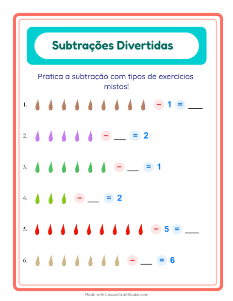 Pré-visualização da ficha de Subtração com Cores para Educação infantil (pré-escola, 5-7 anos)