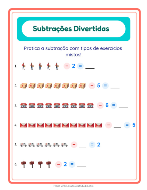 Pré-visualização da ficha de Subtração com Correios para Educação infantil (pré-escola, 5-7 anos)