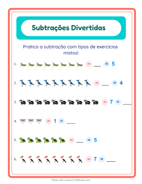 Pré-visualização da ficha de Subtração com Criaturas da floresta para Educação infantil (pré-escola, 5-7 anos)