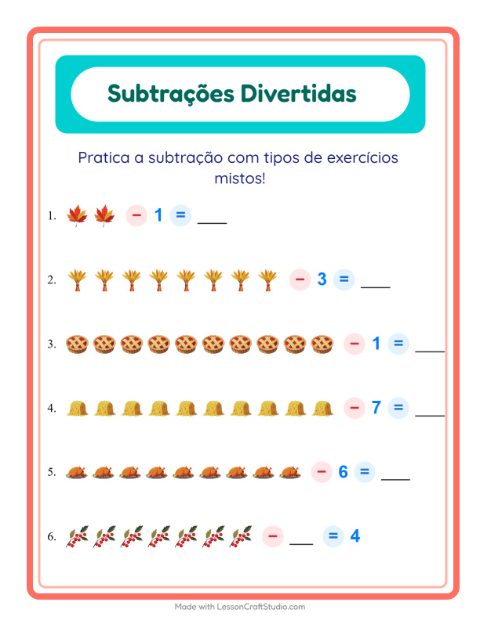 Pré-visualização da ficha de Subtração com Dia de Ação de Graças para Educação infantil (pré-escola, 5-7 anos)