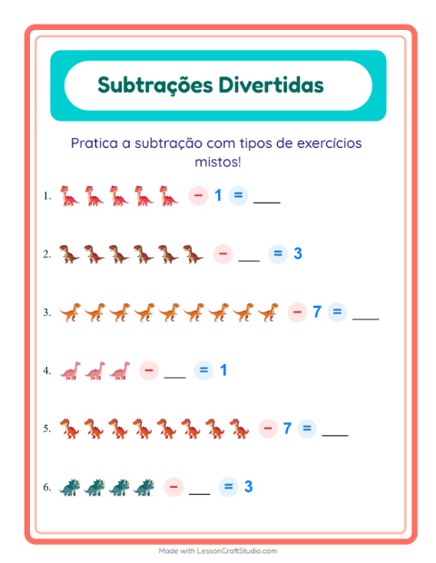 Pré-visualização da ficha de Subtração com Dinossauros para Educação infantil (pré-escola, 5-7 anos)