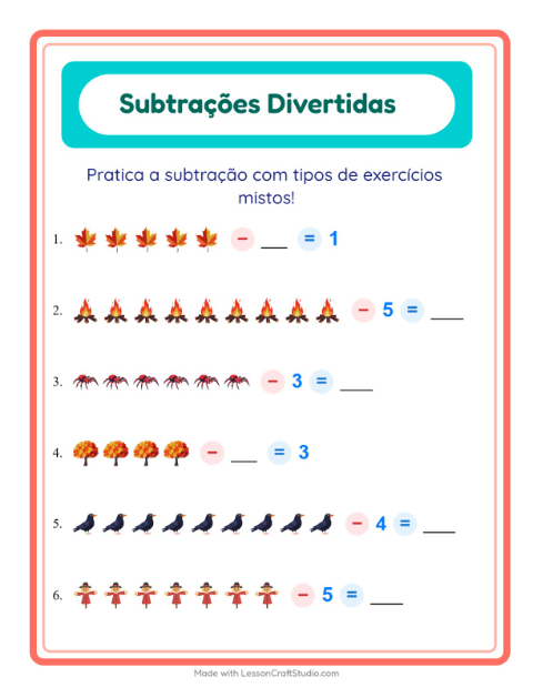 Pré-visualização da ficha de Subtração com Diversos para Educação infantil (pré-escola, 5-7 anos)