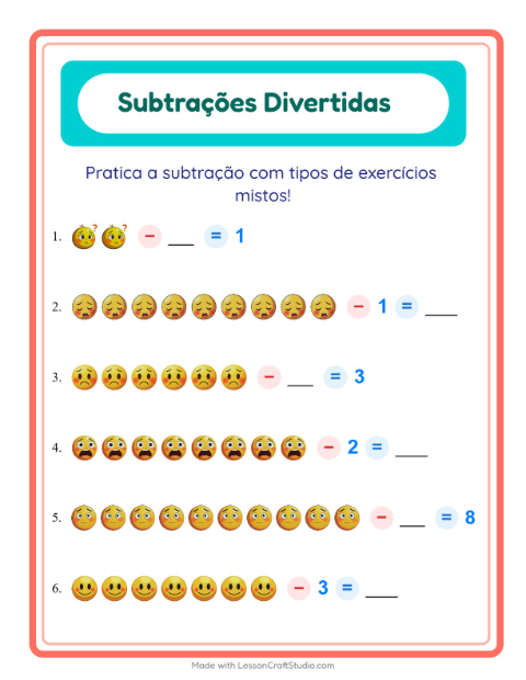 Pré-visualização da ficha de Subtração com Emoções para Educação infantil (pré-escola, 5-7 anos)